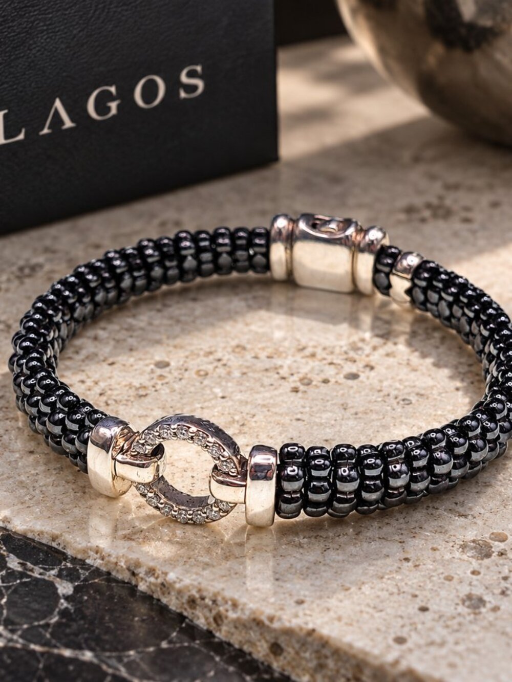 Lagos Black Caviar, Diamond Circle Bracelet.  Size M+